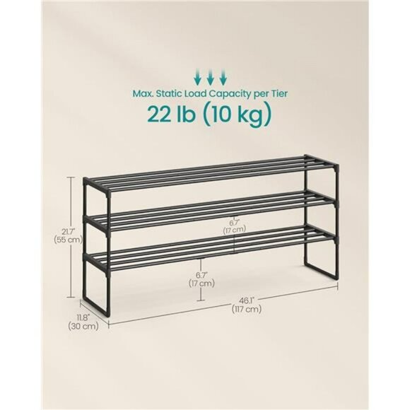 SONGMICS 3 Tier Shoe Rack Stackable Metal Organizer Shelf for 24 Pairs Black - Picture 3 of 7